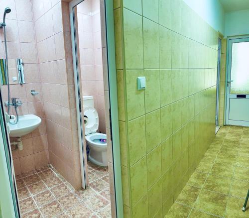 a bathroom with a toilet and a sink at Комплекс Лабиринт in Sliven