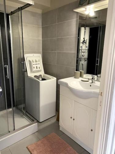 une salle de bain avec une douche, des toilettes et un lavabo dans l'établissement Appartement T2 bord de mer, à Hyères