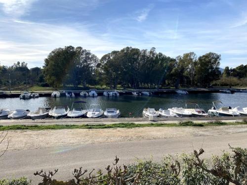 un groupe de bateaux est amarré dans un port dans l'établissement Appartement T2 bord de mer, à Hyères