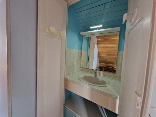 une salle de bain avec un lavabo et un miroir dans l'établissement Holiday Home on Pink Granite Coast with Sea View, à Penvénan