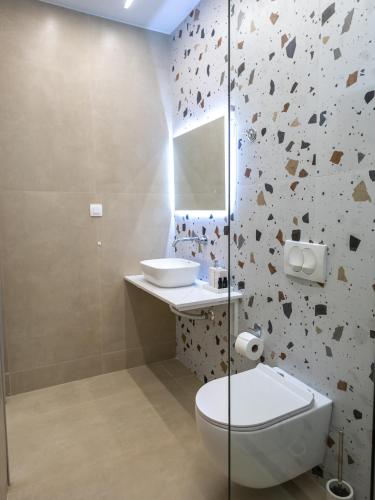 a bathroom with a toilet and a sink at Lithitsa Lofts and Suites in Parga
