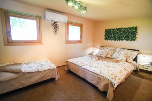a bedroom with two beds and two windows at Vad-lak Vendégház in Aggtelek