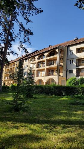 a large building with a grass field in front of it at Apartman LiBra in Banja Koviljača