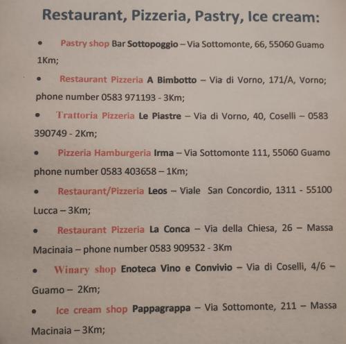 une capture d'écran d'un menu pour un restaurant dans l'établissement Villetta Camelia, à Guamo