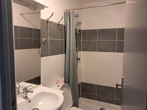une salle de bain avec un lavabo, des toilettes et une douche dans l'établissement Charmante Maison à 15 minutes de la place Comédie, à Montpellier