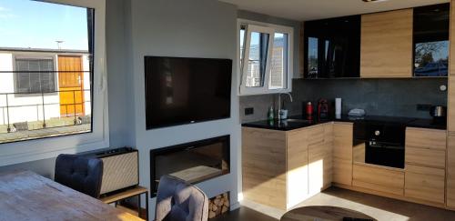 a kitchen with a dining table and a television in a room at Poellodge, Luxe houseboot met zonnig terras in Aalsmeer