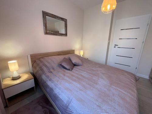 a bedroom with a bed with a pillow and a mirror at Apartament Sunrise in Częstochowa