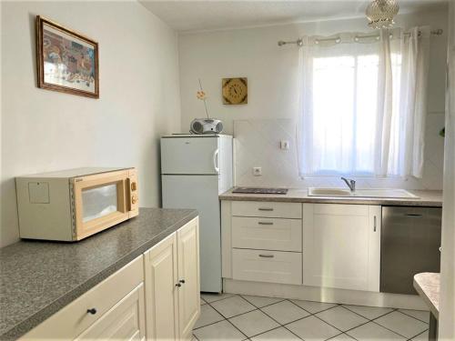 La cuisine est équipée d'un réfrigérateur blanc et d'un four micro-ondes. dans l'établissement Appartement Central 4 Pers. La Grande-Motte, Proche Plage, Double Garage - FR-1-790-17, à La Grande Motte
