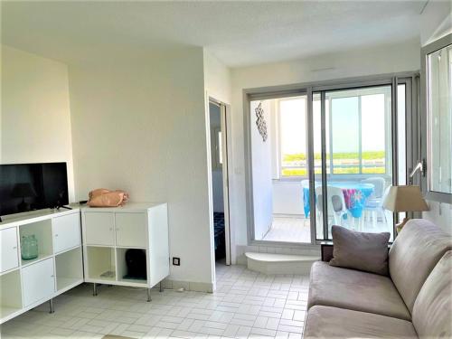 un salon avec un canapé et une télévision dans l'établissement Appartement proche plage avec terrasse, loggia et parking - FR-1-790-12, à La Grande Motte