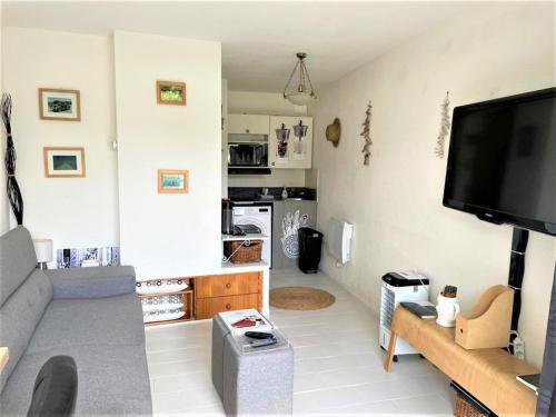 un salon avec un canapé et une télévision à écran plat dans l'établissement Studio moderne avec piscine, 4 couchages, à 4 min de la plage - La Grande Motte - FR-1-790-11, à La Grande Motte