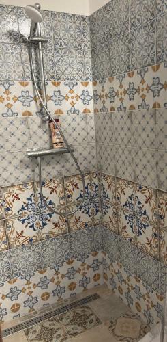a bathroom with a shower with blue and white tiles at Vinný apartmán Pouzdřany in Pouzdřany