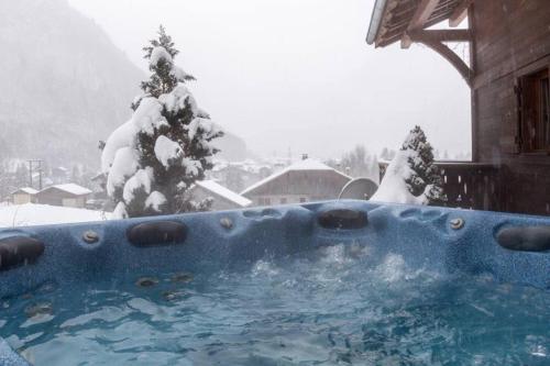 a hot tub in the snow with snow covered trees at Chalet Ruan Montriond - Mountain Voyages in Montriond