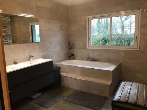 une salle de bain avec une baignoire, un lavabo et une fenêtre dans l'établissement Villa avec piscine, à Janville