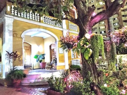 卡塔赫納的住宿－卡斯蒂略茵奈斯瑪麗亞精品酒店，庭院里植物繁多的建筑物