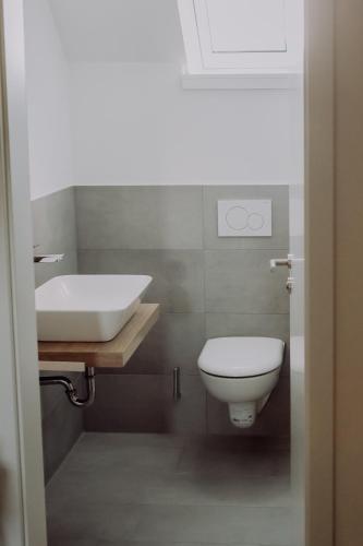 a bathroom with a sink and a toilet at Zur Pfanne – Studio in Biberach an der Riß