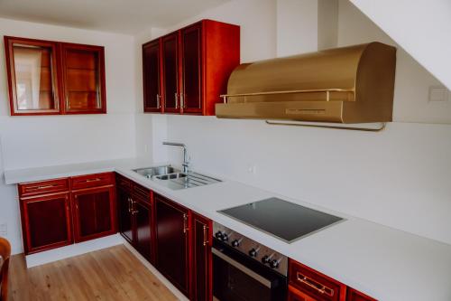 a kitchen with red cabinets and a sink and a stove at Zur Pfanne – Studio in Biberach an der Riß