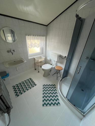 een badkamer met een douche, een toilet en een wastafel bij Pokoje Gościnne Dorota in Władysławowo