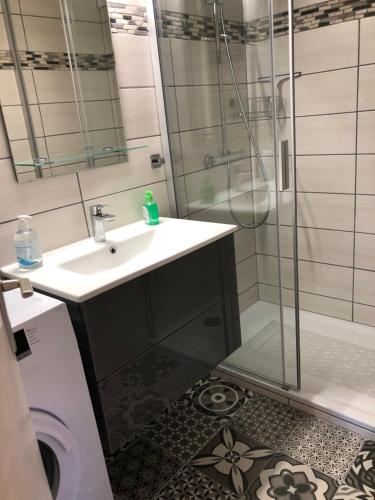 een badkamer met een wastafel en een douche bij Hameaux de la plage in Gruissan