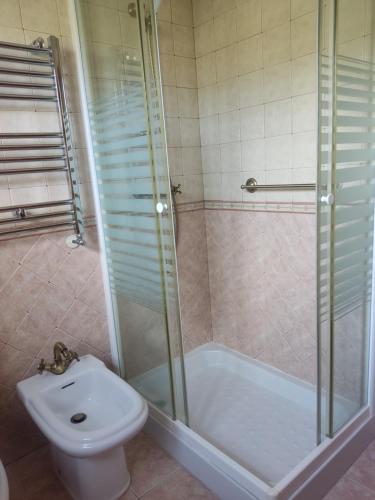 La salle de bains est pourvue d'une douche, de toilettes et d'un lavabo. dans l'établissement Casa Rural Juaco, à Bimenes