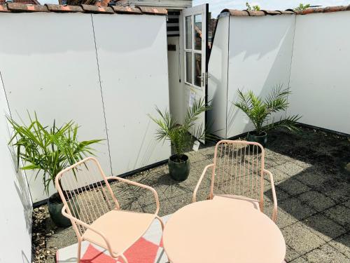 2 Stühle und ein Tisch auf einer Terrasse mit Pflanzen in der Unterkunft Stadshotel DE ACADEMIE in Franeker