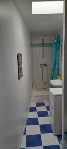 La salle de bains est pourvue d'un sol en damier bleu et blanc. dans l'établissement Skol Ar Louarn - Maison de vacances Ile-grande, à Pleumeur-Bodou