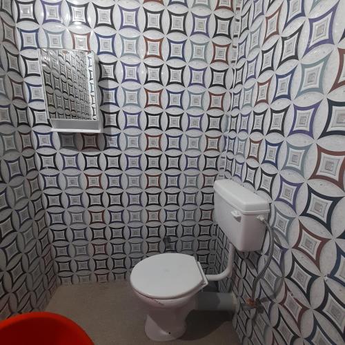 a bathroom with a toilet and a patterned wall at Dhamcho homestay in Kurseong