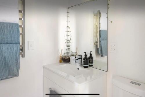 W białej łazience znajduje się umywalka i lustro. w obiekcie Sunny Modern Cottage - Close to Airport w mieście Napier