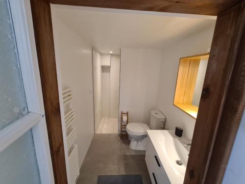 une petite salle de bain avec toilettes et lavabo dans l'établissement 2 Adorables appartements proches de Paris et Disneyland, à Villiers-sur-Marne