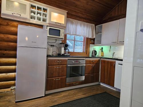 una cocina con electrodomésticos de acero inoxidable y armarios de madera en Koivurannan Lomamökit Mänty, en Nykälä
