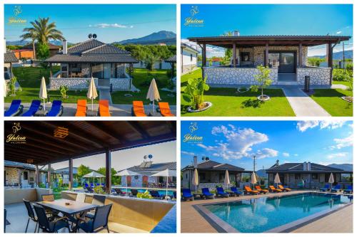 eine Collage mit vier Bildern eines Resorts in der Unterkunft Koycegiz Yalcin Villalari in Muğla