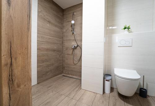 a bathroom with a toilet and a shower at apartment Sun Di Bohinj in Bohinj