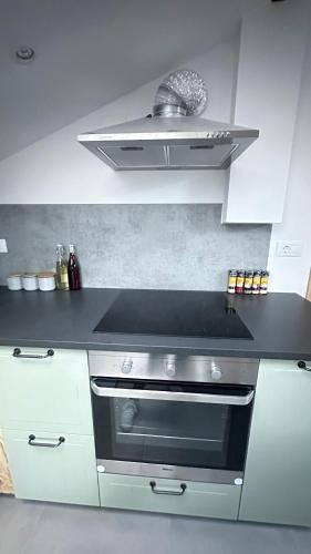 a kitchen with a stove and a counter top at OLD SQUARE HOUSE - HIŠA NA STAREM TRGU in Tolmin
