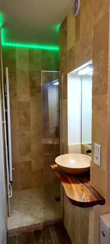 La salle de bains est pourvue d'un lavabo et d'une douche avec des lumières vertes. dans l'établissement auron, à Saint-Étienne-de-Tinée