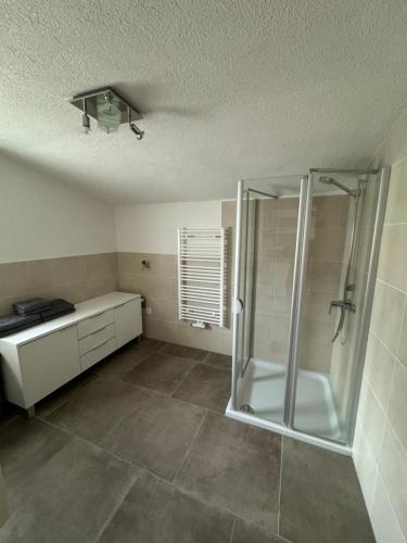 een badkamer met een douche en een wastafel bij Ferienwohnung Raich in Wenns