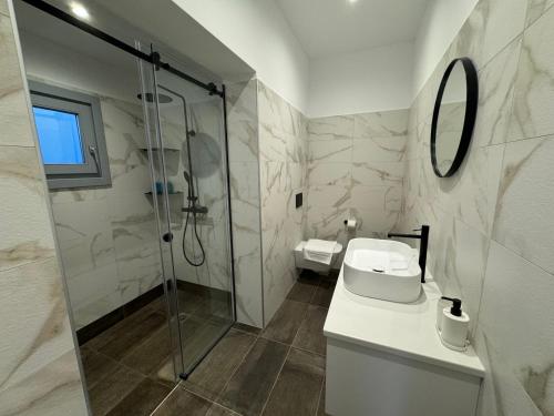 a bathroom with a shower and a toilet and a sink at Almond Place in Dexamenes