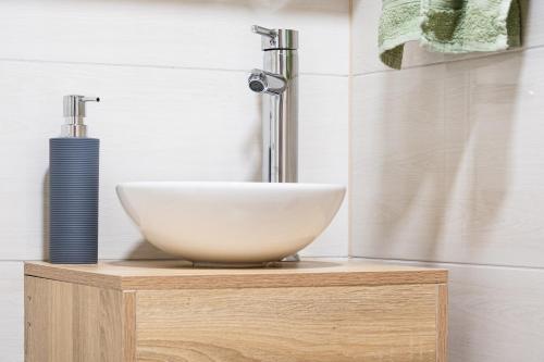 a bathroom with a bowl sink and a shower at apartment Sun Di Bohinj in Bohinj