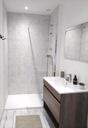 une salle de bain blanche avec une douche et un lavabo dans l'établissement Duplex/Beauval & Châteaux, à Selles-sur-Cher