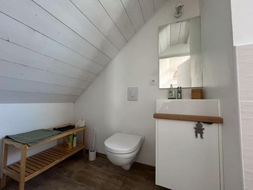 ein Badezimmer mit Toilette und Waschbecken in der Unterkunft Jolie maison de vacances à 5 mn à pied des plages in Landéda