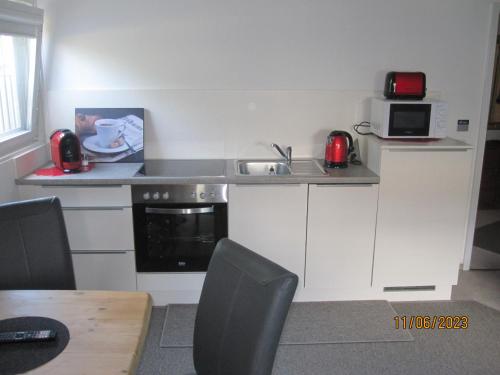 a small kitchen with a sink and a microwave at Ferien- bzw. Zeitwohnen Burglengenfeld » Apartment 2 in Burglengenfeld