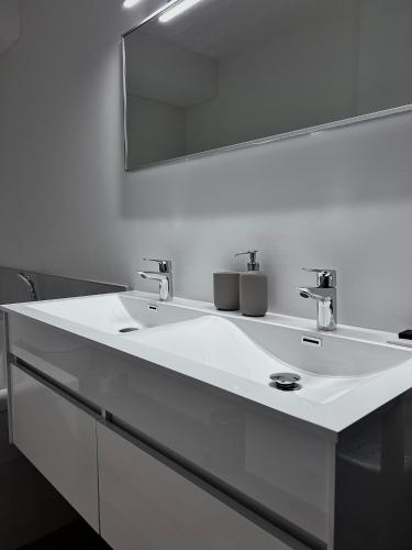 a bathroom with a white sink and a mirror at Appartement Deluxe in Vaux-sur-Sûre