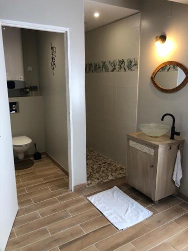 ein Bad mit einem Waschbecken und einem WC in der Unterkunft Le Petit Paradis de Marcelise in Le Ponchel