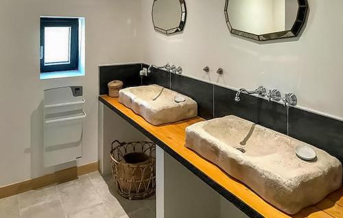 Baño con 2 lavabos de piedra en una encimera en Le Mas Moreau en Sainte-Cécile-les-Vignes