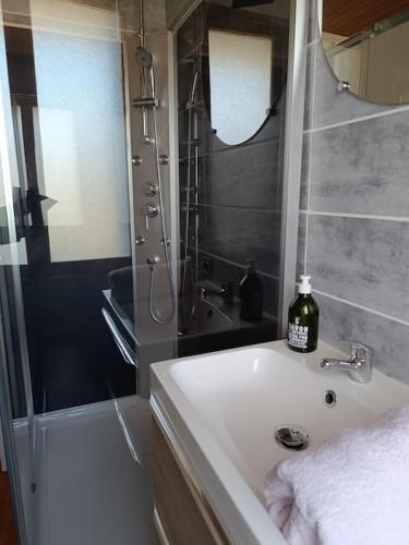 une salle de bain avec un lavabo et une douche dans l'établissement Maison cœur de village 300 m des gorges du gardon, à Collias