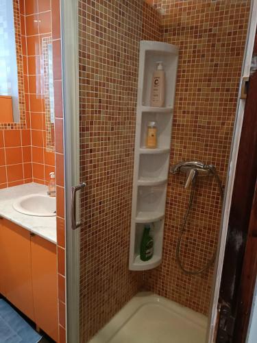 une salle de bain avec une douche avec un lavabo et une douche dans l'établissement Maison individuelle vue sur le massif de l'étoile, à Marseille