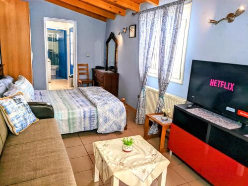 a living room with a bed and a tv in a room at House with garden in city of Rhodes in Rhodes Town