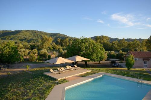 a swimming pool with lounge chairs and umbrellas at Antinea Olympian Villa in Olympia