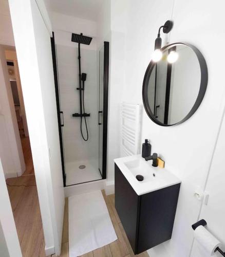 une salle de bain avec un lavabo, une douche et un miroir dans l'établissement Superbe appartement vieux port de La Rochelle EMPLACEMENT IDEAL WIFI, à La Rochelle