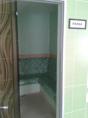 a shower in a bathroom with a green tiled wall at Hotel Vila Anna in Trenčianske Teplice