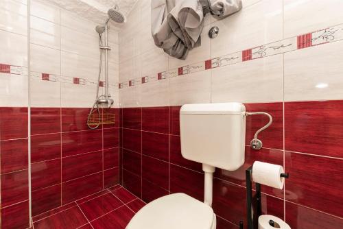 La salle de bains est pourvue d'une douche et de toilettes. dans l'établissement Apartments Klaric, à Krilo