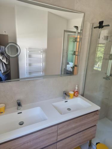 a bathroom with a white sink and a mirror at Maison familiale avec jardin in Neufchâtel-Hardelot